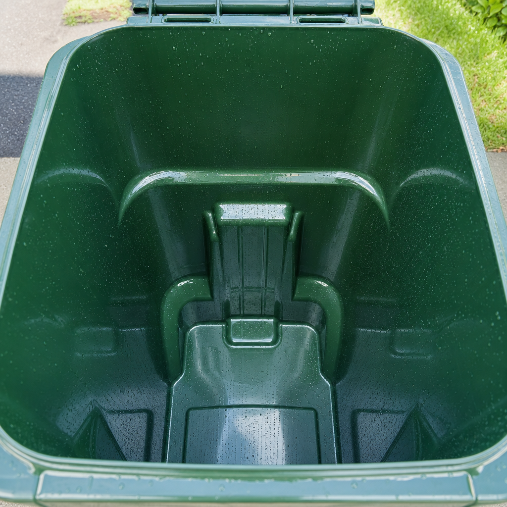 Inside of a spotless trash bin after cleaning