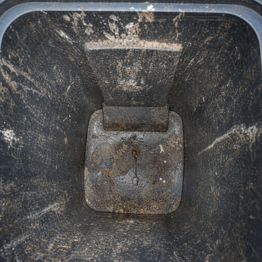 Inside of a dirty trash bin before cleaning