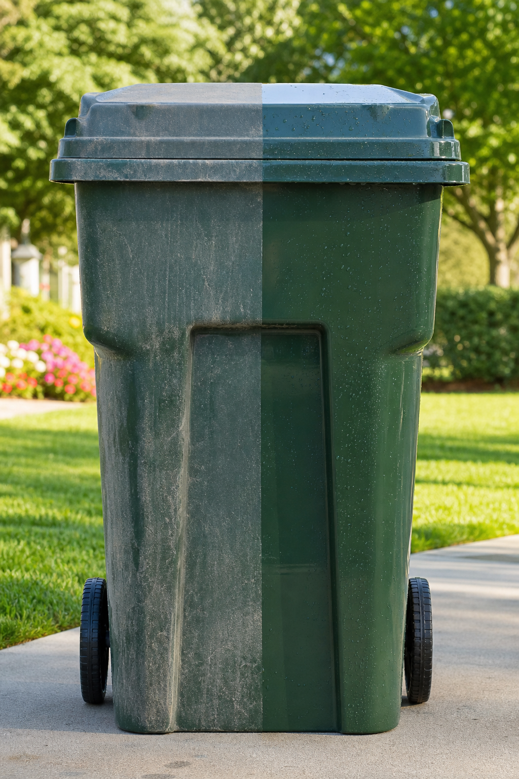 Trash bin shown half dirty and half professionally cleaned